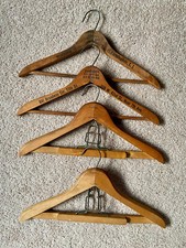 4 Vtg Wooden Suit Hangers, 2 with Advertising  Dowels, 2 with Clamps for Pants