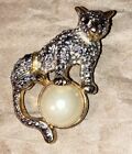 Eyes Faux Pearl Ball Gold Tone Cheetah Leopard Cat Pin Brooch 2.5" Black