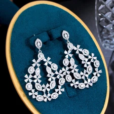 Wedding Brides White Flower Dangle Drop Earrings Silver Plated CZ Zircon Jewelry