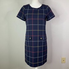 J Crew Relaxed Printed Pocket Dress Womens Size 0 Indigo Crimson Blue Plaid
