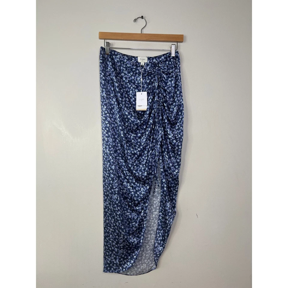 NWT Cami NYC Amanda Floral Silk Ruched Blue Pansy Print Midi Skirt with Slit  - Image 2 of 4