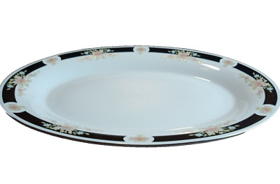Crown Ming Large Oval Platter White w/Black & Floral Band Gold Edge Jian Shiang