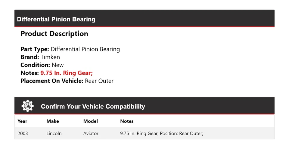Cojinete de piñón diferencial trasero exterior Timken para Lincoln Aviator 2003 Foto 2 de 4