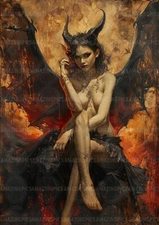 Lilith Dark Goddess Art Print Gothic Demon Wings Fire Occult Mythology K64
