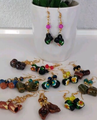 aretes mexicano artesanal de cristal y Barro Rojo  Michoacan, Lote de 12 Pares.