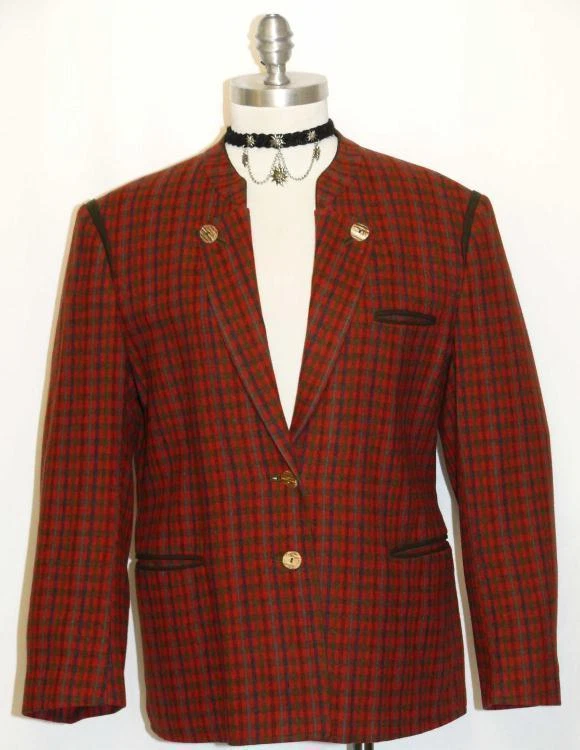 CHAQUETA DE LANA A CUADROS ROJA Y VERDE Abrigo Alemán Caza Montar Mujeres Vestido 8 10 M B42" Foto 2 de 4