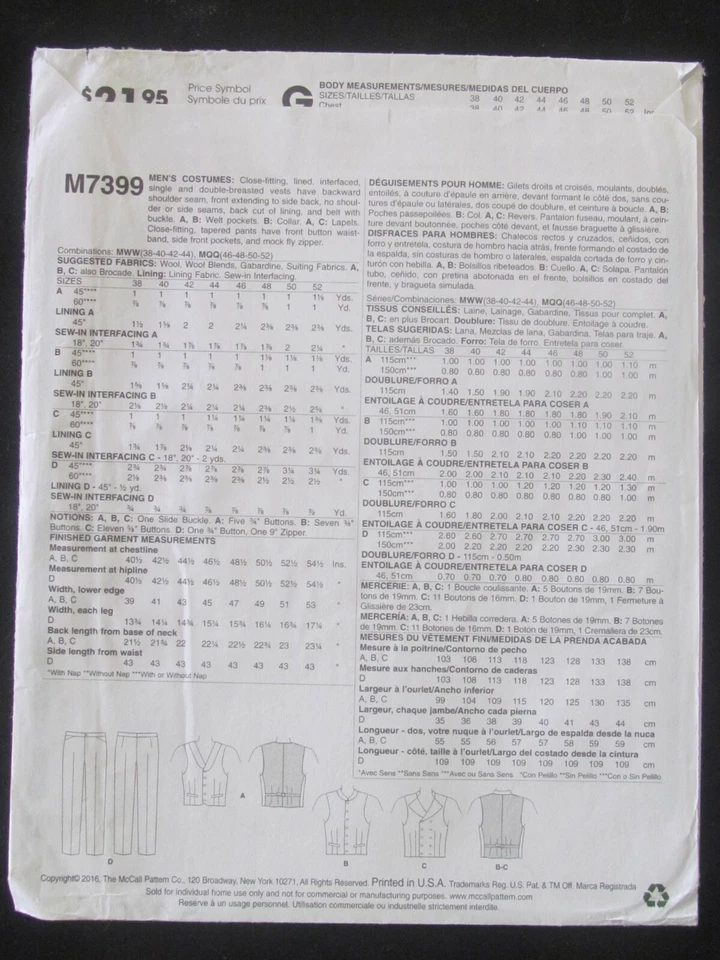 McCALL'S PATTERN - 7399 MEN'S COSTUME PANTS LINED VEST YAYA HAN 46-52 UNCUT - Image 2 of 2