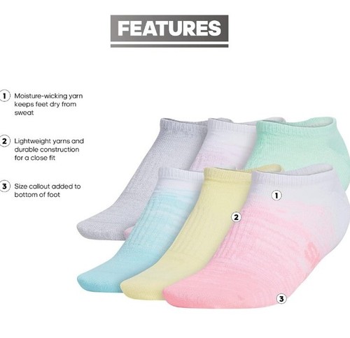 ADIDAS Girls Socks No Show Superlite Aeroready Lightweight 6 Pack Shoe Size 3-9Y - Picture 4 of 6