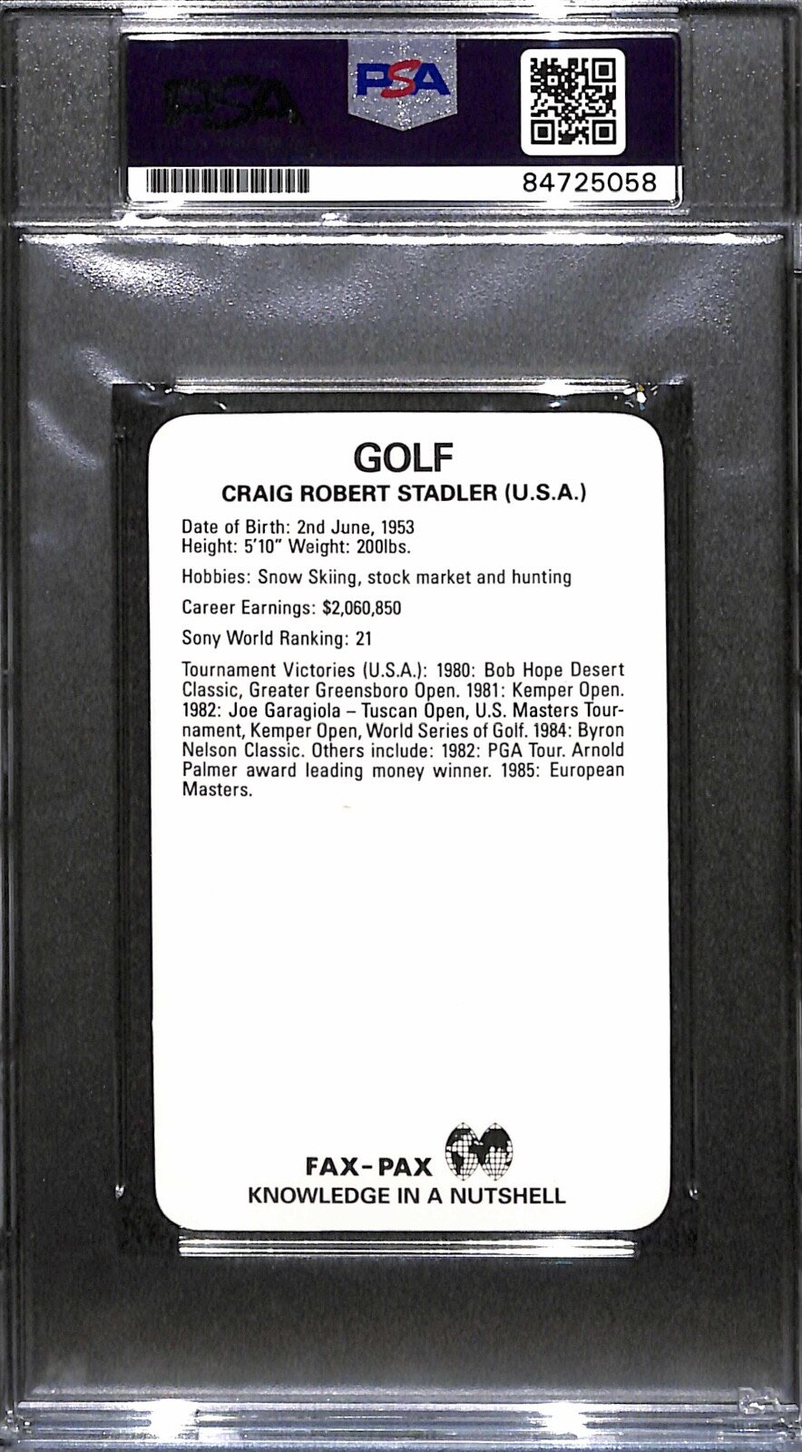 Signed Craig Stadler 1987 Fax Pax Golf Rookie Card 1982 Masters Champ Auto PSA view 4