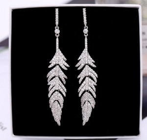 Authentic White Gold Plated Topaz CZ Feather Leaf Stud Dangle Earrings Long 2.5" PE43