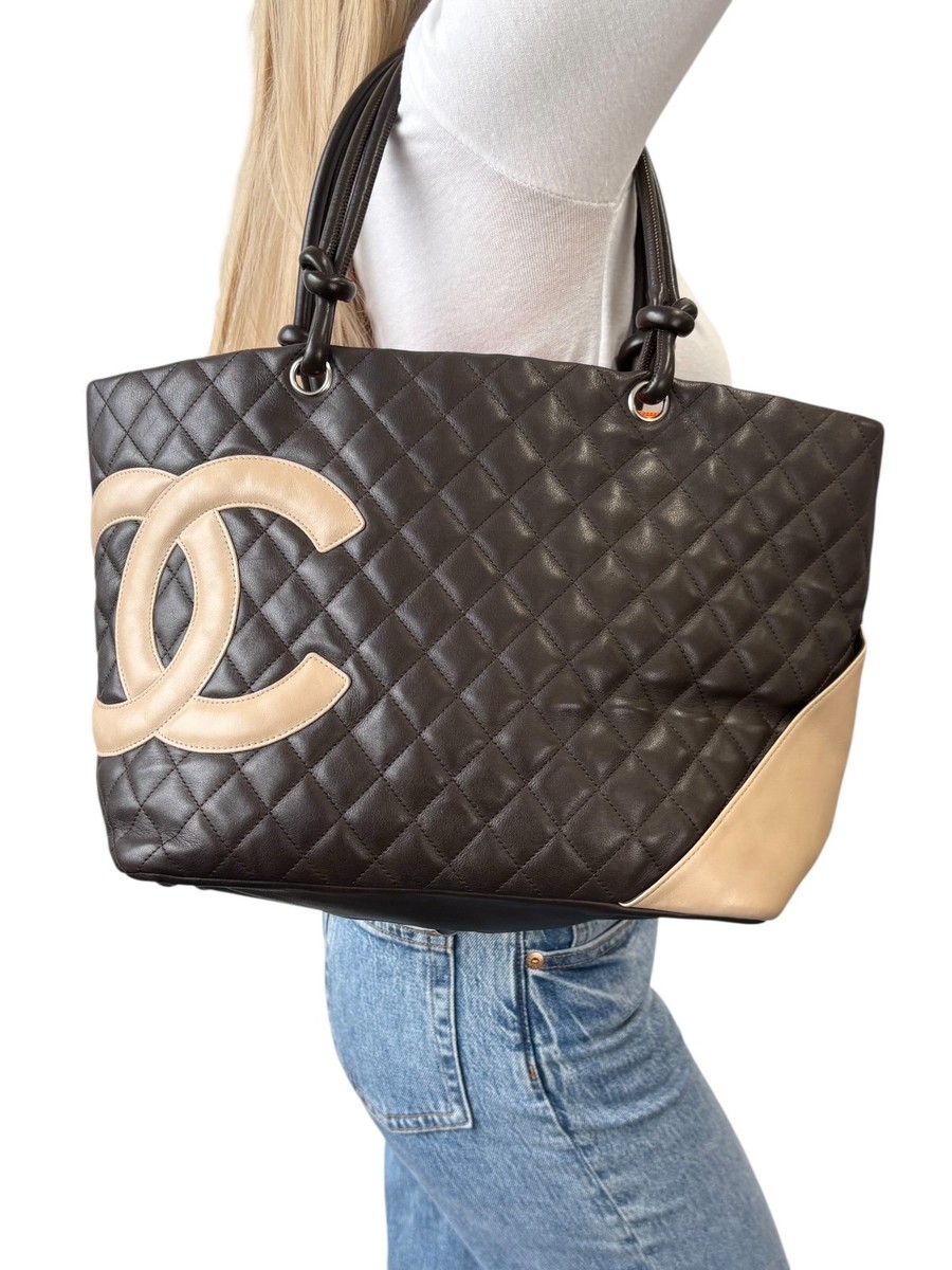 CHANEL Vintage Cambon Line CC Logo Quilted Tote Bag Brown Beige