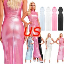 US Womens Sheer Bodycon Maxi Dress Mock Neck See Through Dress Streetwear Club 