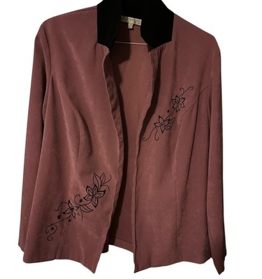 Woman Plum Mauve Open Front Blazer with Floral Embroidery