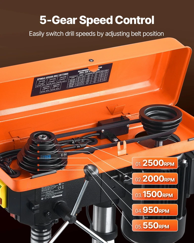 VEVOR Perceuse à Colonne d'Établi 254 mm 550 W 550-2500 tr/min Table Inclinable - Photo 3/4