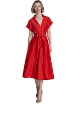 Halston Womens Red Belted Midi Dress With Gold Accents Short Sleeves & Zipper Fr