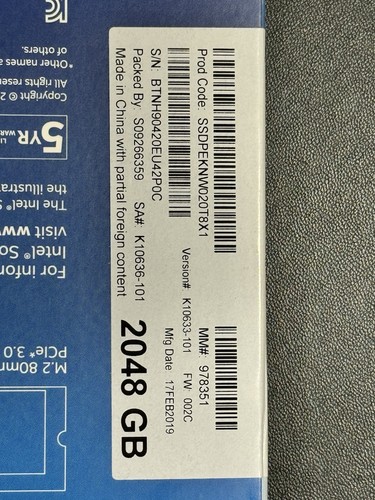 Intel 660P Series SSDPEKNW020T8 2TB NVME M.2 Solid State Drive SSD 96% Health - Afbeelding 3 van 6