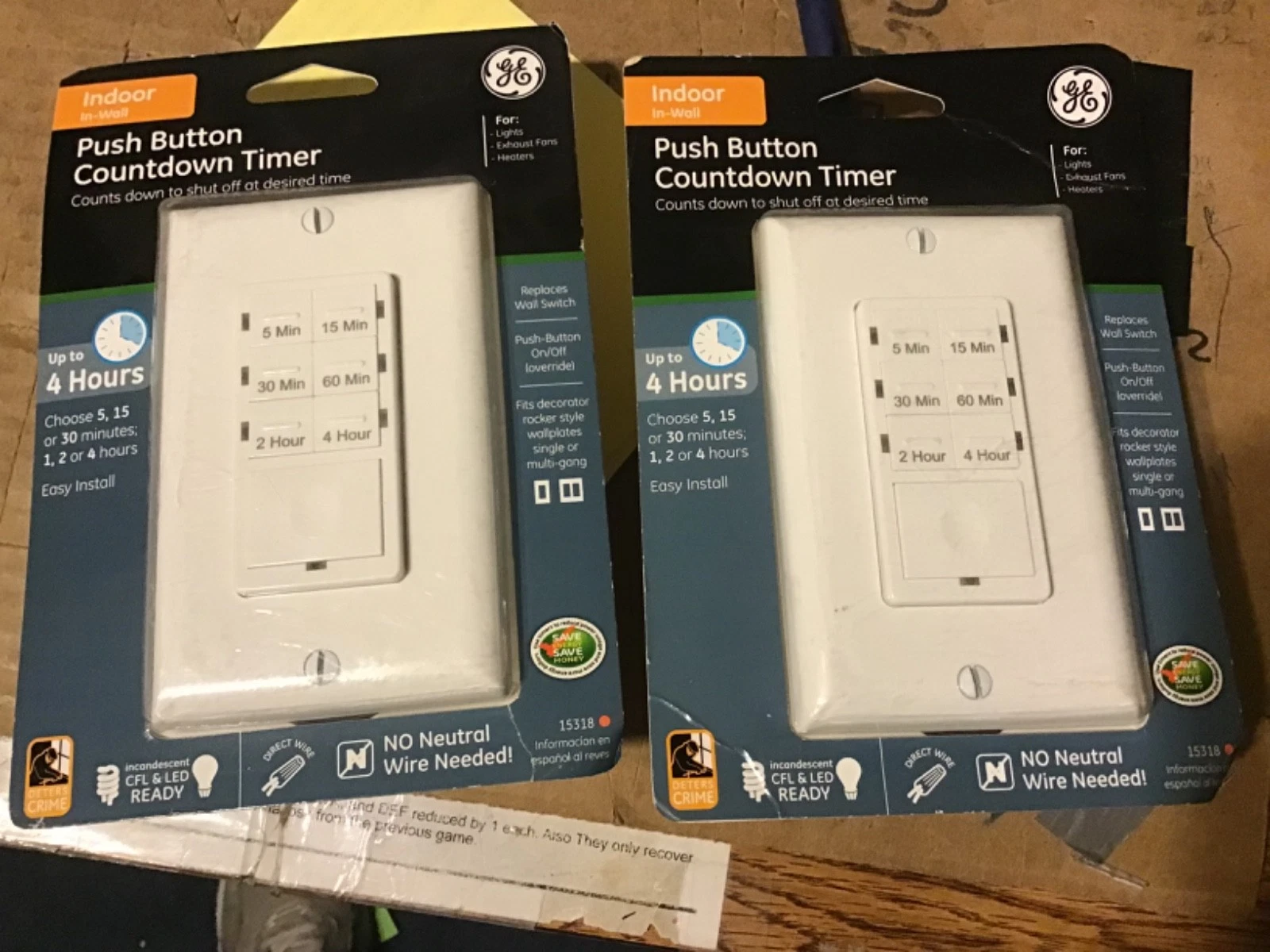 GE 15318 Push Button Countdown Timer Wall Switch 5-4 Hour No Neutral Wire