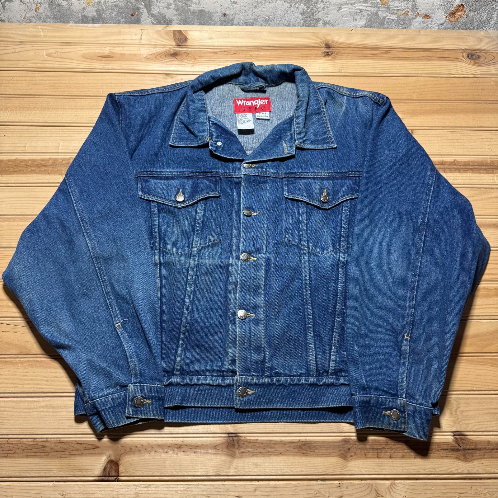 Vintage 90s Wrangler Hero Dark Wash Faded Blue Denim Jean Trucker Jacket - XL