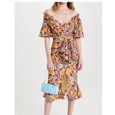 SALONI Sz 4 US Olivia Dress Mango Sunflower Floral Midi Off Shoulder Silk