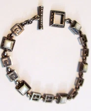Barse Sterling Silver Bracelet Mother of Pearl Square Link Toggle 8"