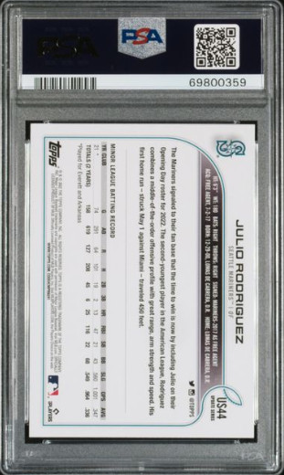 Julio Rodriguez 2022 Topps Update Paper Rookie Card RC #US44 Gem Mint PSA 10 SEA view 2