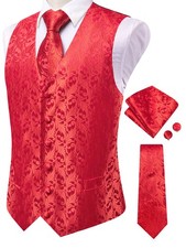S-6XL Mens Waistcoat Red Vest Tie Hankie Cufflinks Set Wedding Formal Casual