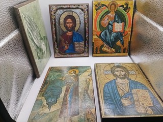 5 X Picture Russian / Greek Icons On Wood Backs selling As Seen
