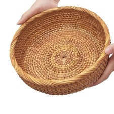 9.2" Medium Round Rattan Wicker Bread Basket, Natural Fruit Basket for Kitche...