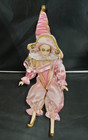 Vintage Porcelain Harlequin Jester Clown Doll, Pink Velvet & Gold Costume 18