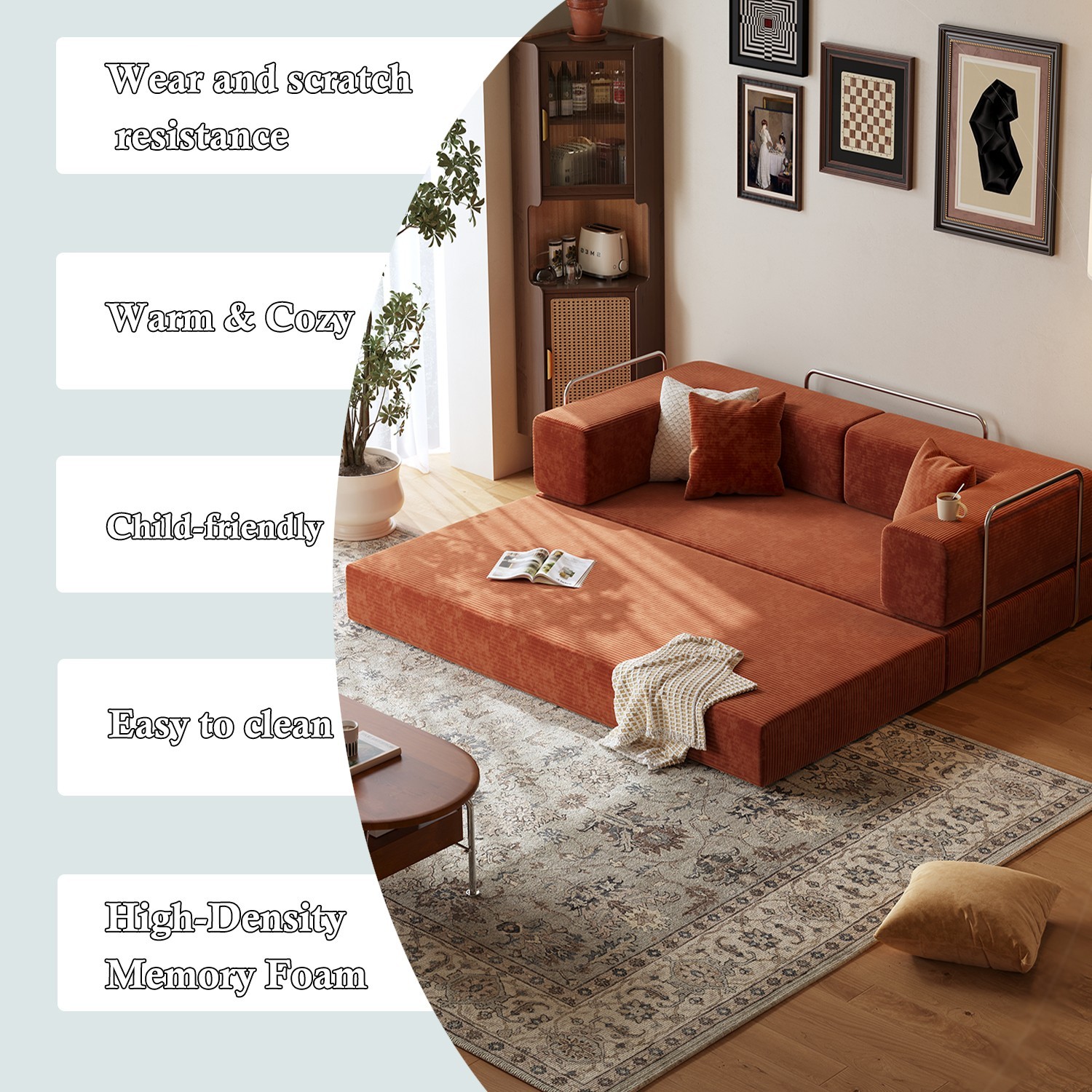 80.3" Convertible Sofa Bed 2 Throw Pillows Detachable Floor Sofa Orange Compact