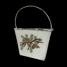 Metal Wall Pocket Hanging Tin Basket Entry Cottagecore Pinecone Holiday Pine