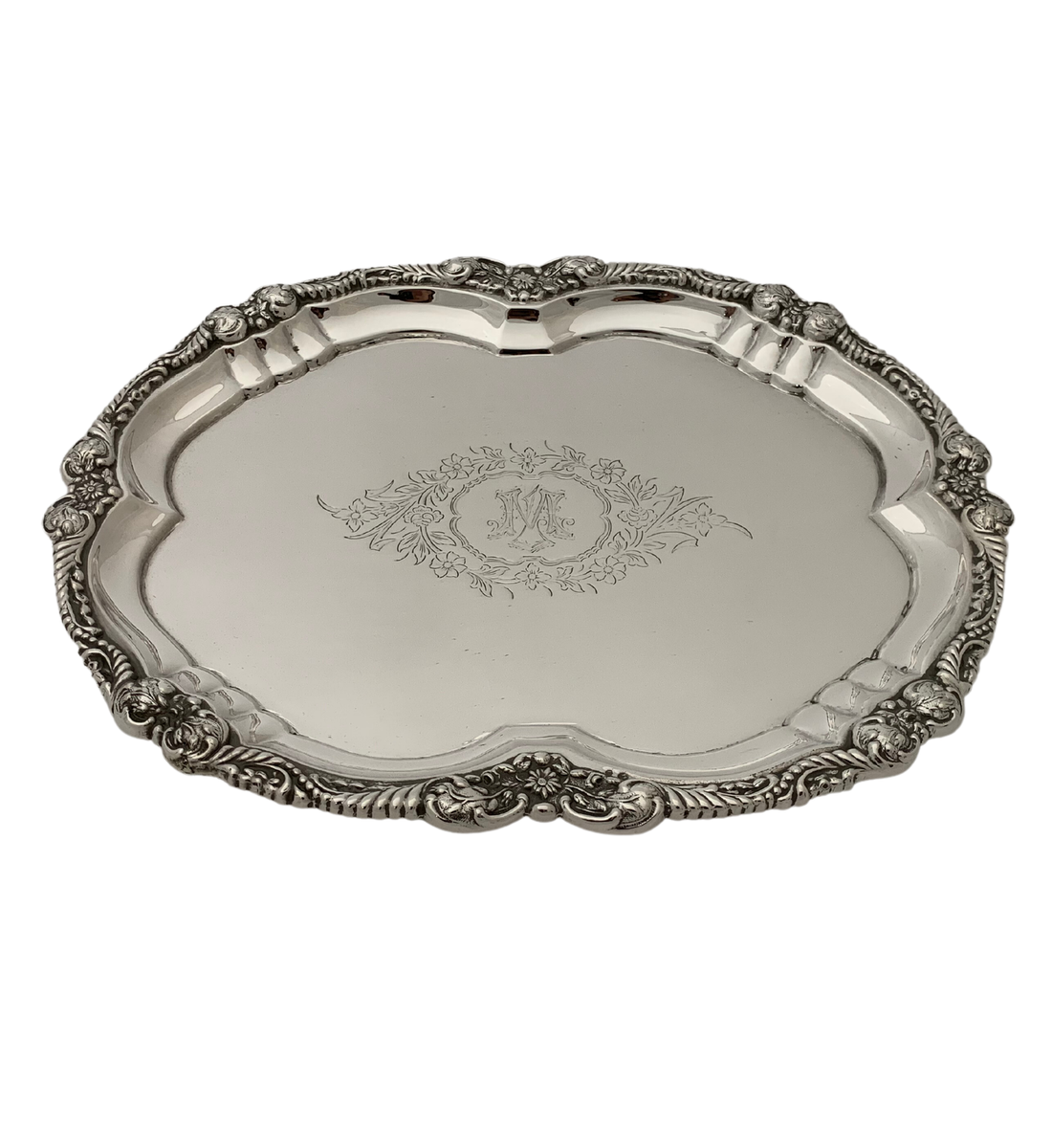 ANTIQUE 925 STERLING SILVER HANDMADE M ENGRAVED FLORAL ORNATE SERVING TRAY  PLATE