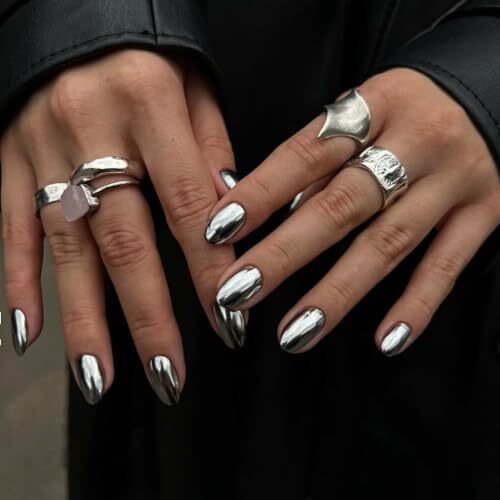 White Sliver Press on Nails kurz oval, Chromnägel Presse oval silber-kurz - Bild 6 von 7