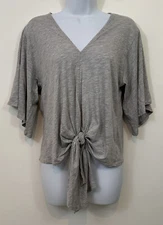 NWT Francesca's Harper Heritage M Women's Gray Self Tie Blend V-Neck Blouse Top