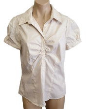 BNWT Ladies Sz 10 Smart Tan & White Stripe Short Sleeve Stretch Gathered Shirt