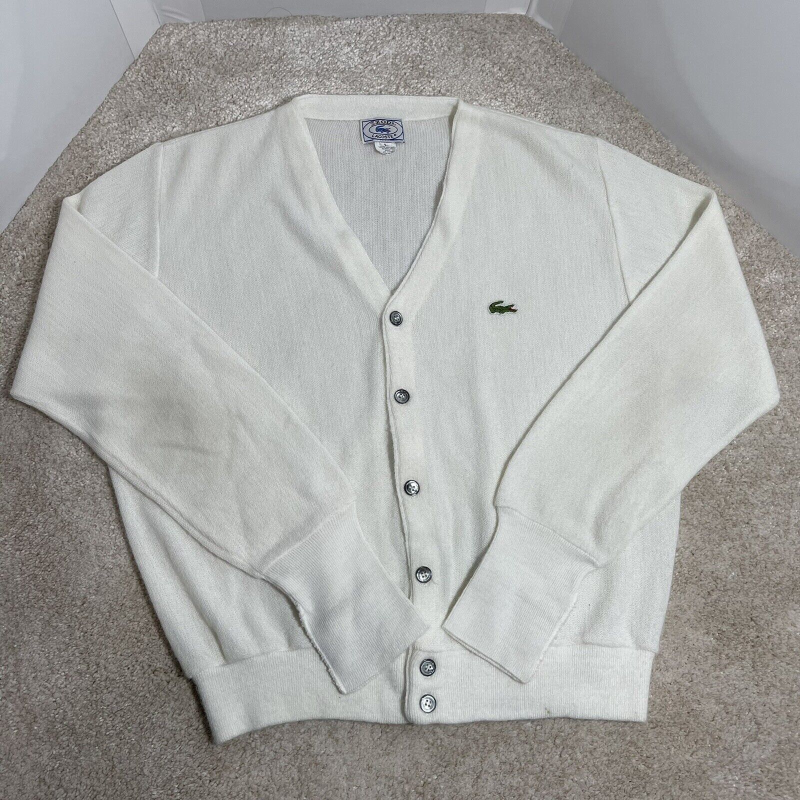 Vintage Lacoste Men Cream Cardigan label Izod 1970 LongSleeve Button Down  Size L