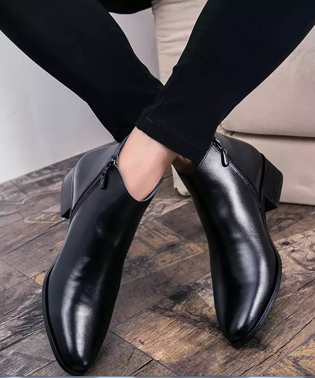 Men Ankle Boots High Top Pointed Toe Zip Heel Dress Formal