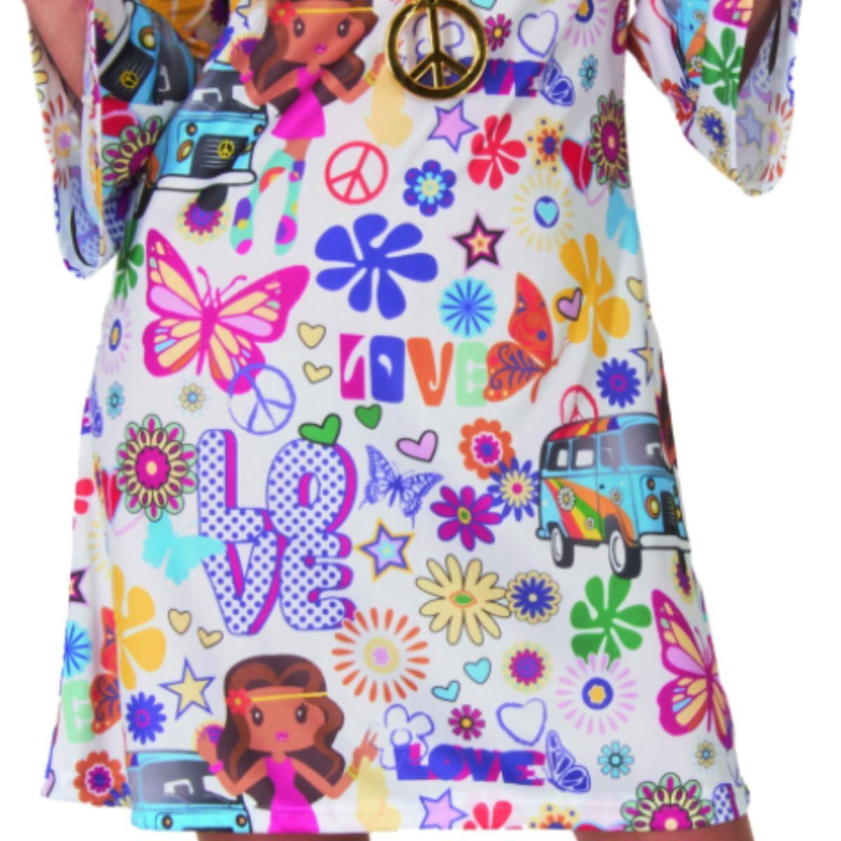 Hippie Kostüm Alice Blumen-Kleid für Damen Gr. S Kleid bunt 70er Fasching