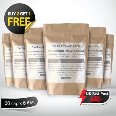 THE BODY AND SKIN CLINIC Beetroot Extract Capsules Super Strength 12,000mg , 100% Natural veg Capsule x 6