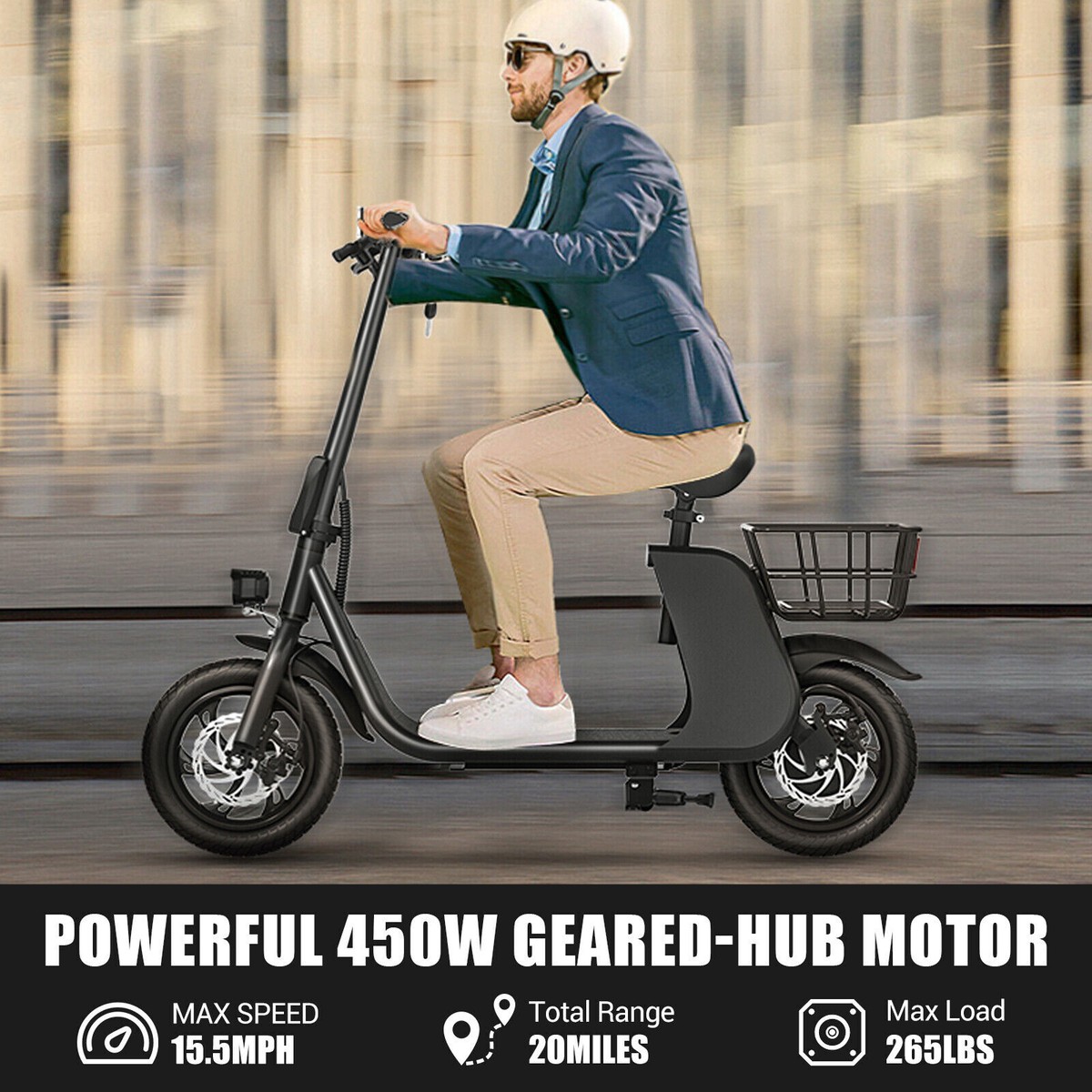 450W Electric Scooter Adults with Seat Basket 20 Miles