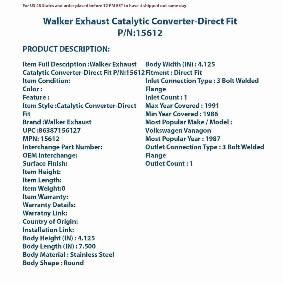 Convertidor catalítico de escape Walker - ajuste directo 15612 Foto 4 de 4