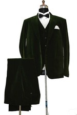 Men Green Suits Velvet Designer Elegant Wedding Dinner Suits Coat Pant Vest 