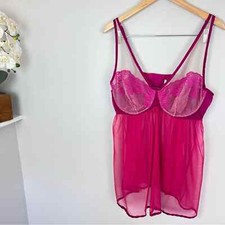 Cacique Lace Embroidered Underwire Fuchsia Chiffon Chemise Slip Size 22/24 EUC