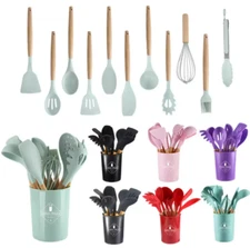 12Pcs Kitchen Silicone Utensils Set-Non Stick Cooking Utensils Wooden