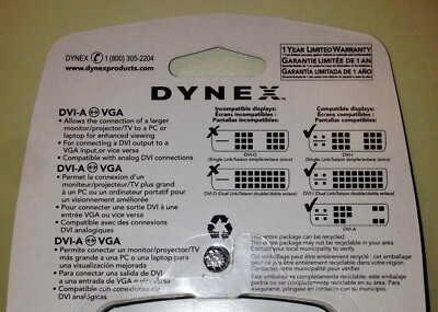 NEW Dynex DVI-A Male to VGA 15-pin Female Video Adapter DX-D1114 Convert Monitor