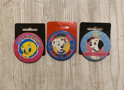 Vintage Happy Birthday Tweety & 101 Dalmatians Button Pinback Pins Lot of 3