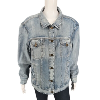 Rachel Hollis Ltd Trendy Button Front Distressed Denim Jacket Large Sz w Pockets