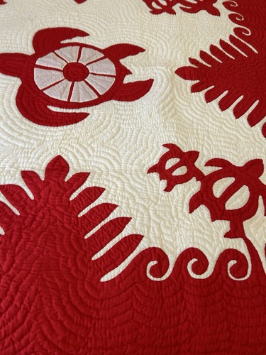 hawaiian handmade quilts bedspread/blanket/wall hanging 60”/60” Red Turtles New - Picture 7 of 10