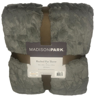 Madison Park GRAY Ultra Soft Ruched Faux Fur Throw Blanket 50'' X 60'' New 