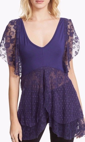 Free People Sheer Lace Ruffle Top Fairy Wing Festival Tunic Blue-Purple - Picture 3 of 4